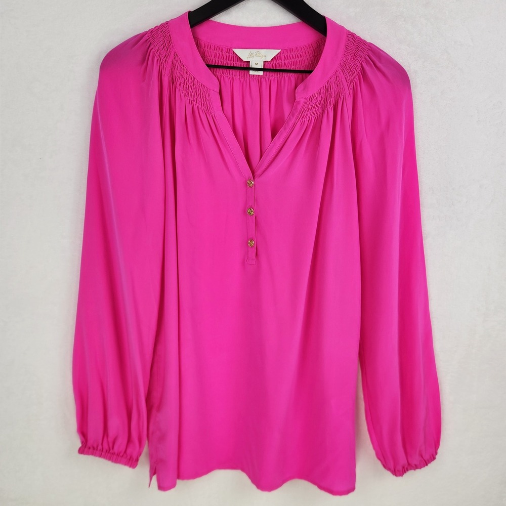 Lilly Pulitzer Silk Blouse Womens Medium Fuschia Pink Resortwear Tropical Chic
